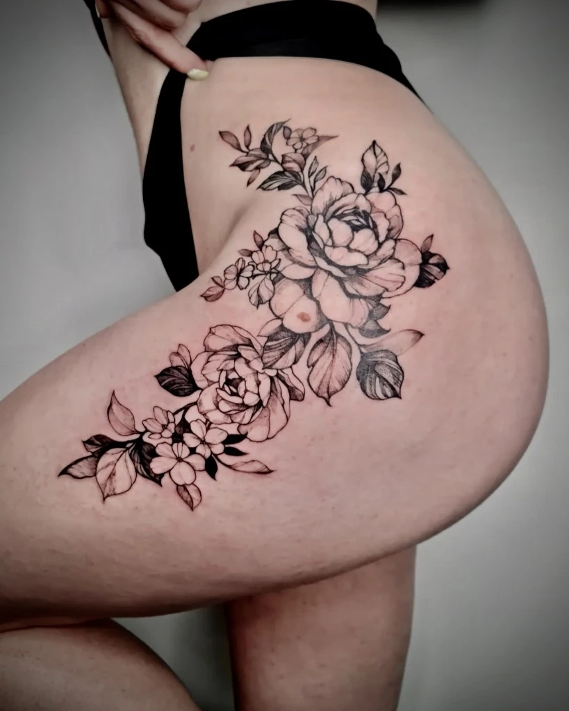 Tatuaj floral fin pe șold și coapsă