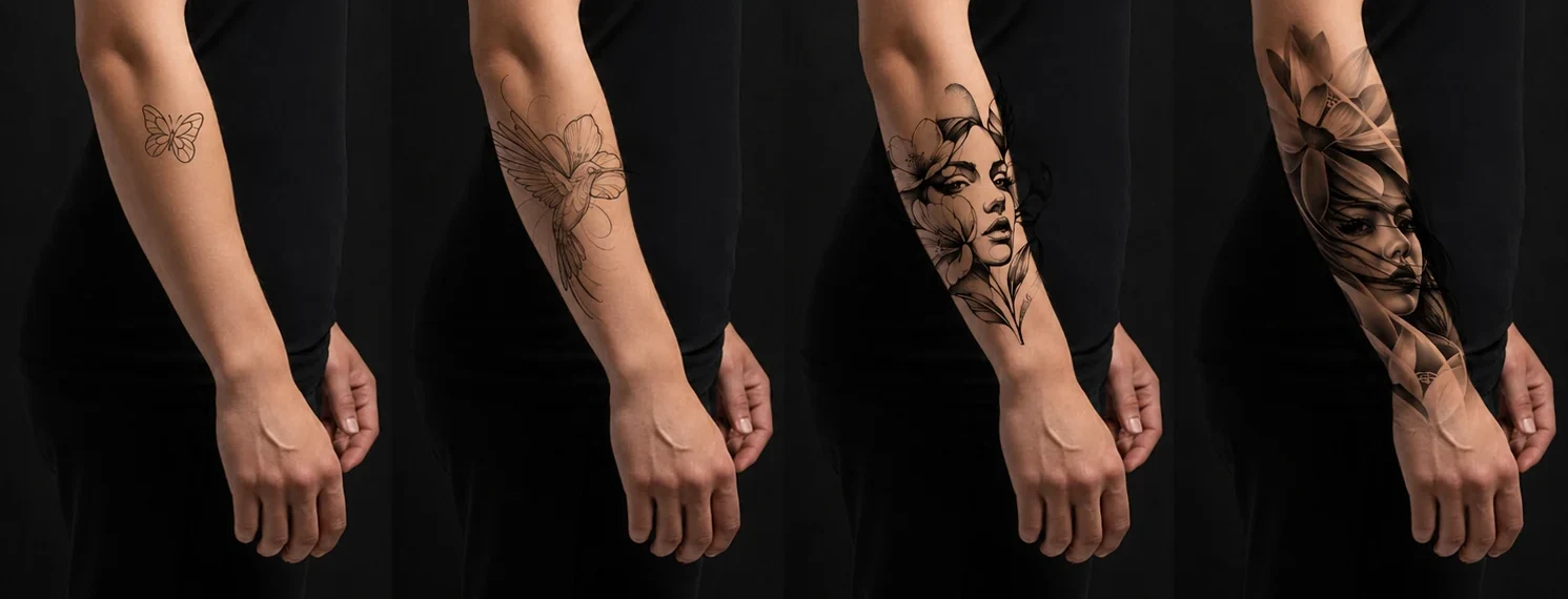Patru brațe cu tatuaje orientative, ordonate de la exemplul de 300 lei la exemplul de 1.800 lei
